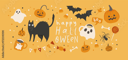 Happy Halloween card party invitation. Autumn holiday event poster template. Cute hand drawn illustrations in retro cute and creepy style. Vector fun poster design