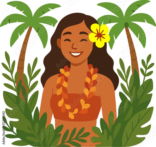 Smiling woman with floral lei and top framed by palm trees and tropical foliage.isolated on transparent background