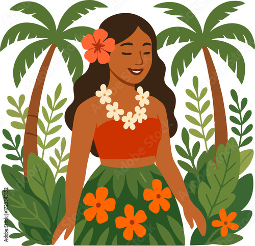 Smiling woman with floral lei and top framed by palm trees and tropical foliage.isolated on transparent background