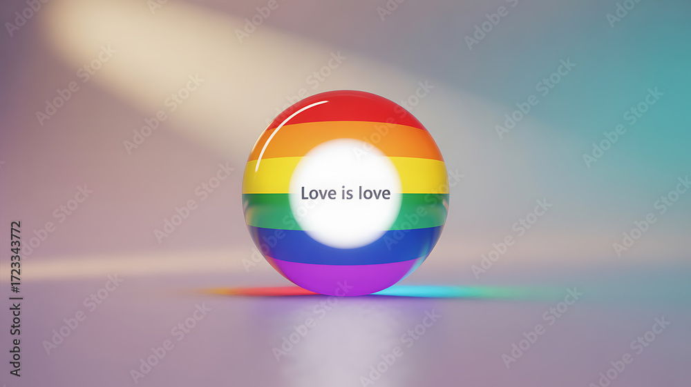 Naklejka premium A rainbow-colored sphere with the text 'Love is love' displayed on a soft gradient background.
