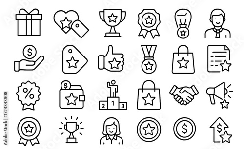 Collection of simple line icons depicting business, awards, and customer engagement concepts in a modern style