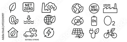 Symbols and icons representing net zero, carbon reduction, and environmental sustainability concepts
