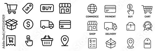 Various icons representing online shopping and e-commerce activities with clear design elements for easy understanding