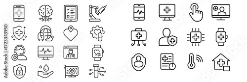 Healthcare icons showcasing digital health, telemedicine, and medical equipment design trends for modern wellbeing
