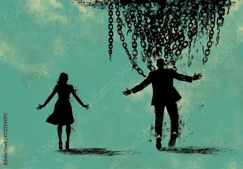 Silhouettes of a woman and man, separated by chains falling from the sky