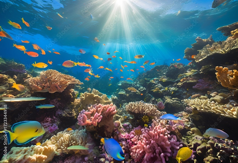 Fototapeta premium Colorful coral formations flourish underwater, creating a vibrant habitat for diverse marine life and ocean creatures. 