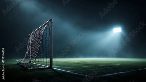 A dimly lit soccer field at night with a goalpost illuminated by a bright spotlight, creating a dramatic atmosphere for a match