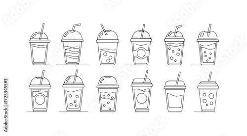 Collection of hand drawn iced coffee and smoothie cups silhouette