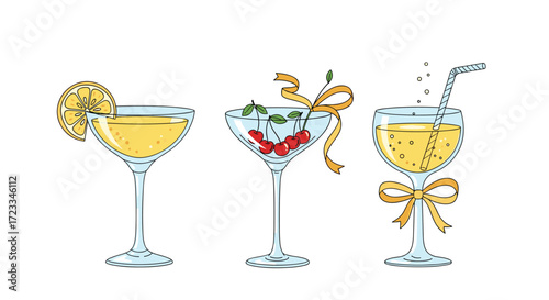 Three delicious and refreshing cocktails with garnishes and decorative ribbons are perfect for a celebration.