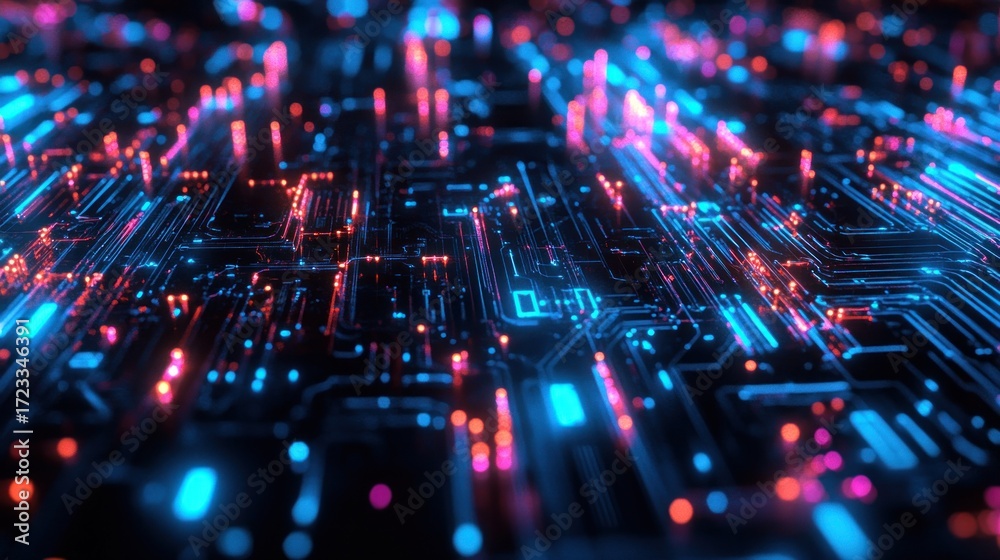 Fototapeta premium Abstract circuit board with glowing neon lines and points. Intricate network of connected pathways
