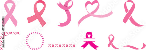 Big set of pink ribbons isolated over white background. Symbol of breast cancer awareness month in october. Vector illustration. High quality.breast cancer awareness.Pink ribbon vector.