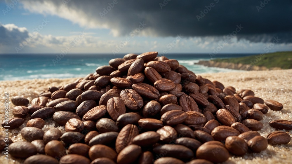 custom made wallpaper toronto digitalPile of roasted coffee beans on sandy beach with ocean waves and stormy clouds in the background