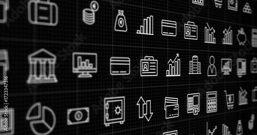  Animation of rows of business icons moving on black background