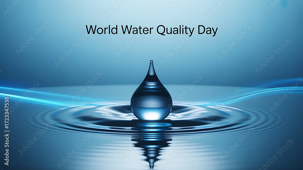 Fototapeta premium World Water Quality Day celebrated with a water droplet creating ripples on a reflective surface