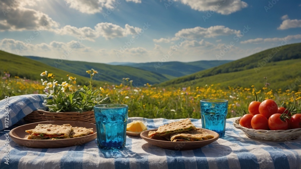 Fototapeta premium A serene picnic scene in a lush green meadow featuring sandwiches, drinks, and fresh tomatoes