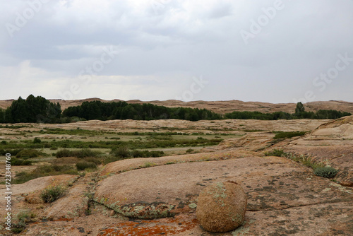 The image presents a stone mountain featuring a striking relief and the landscape around it
