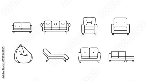 Collection of furniture icons featuring sofas chairs and beanbag silhouette