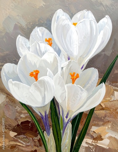Close-up of four white crocus flowers