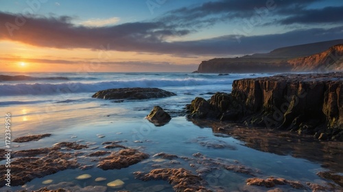 Wallpaper Mural Serene sunset over a rocky beach with gentle waves lapping against the shore, capturing tranquility Torontodigital.ca