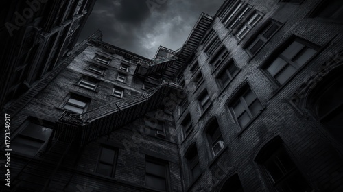 A shadowy view up to a multi-story building,  exposed exterior brick and metal fire escapes