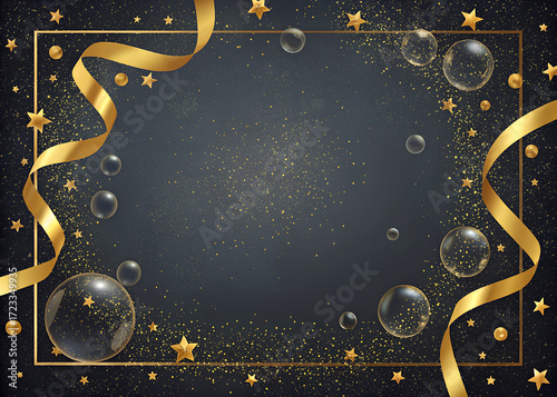 A velvet-black canvas sprinkled with scattered  bubbles and golden streamers curving along the edges. The center glows subtly but remains empty, ready for festive typography.