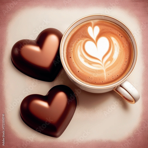 cappuccino in heart shape with heart chocolate decoration 