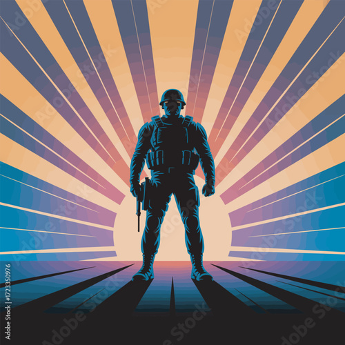 Silhouette of a Soldier Standing Firm Against a Striking Sunrise Background Design
