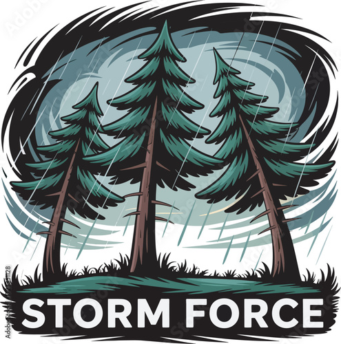 Storm Force Illustration with Pine Trees and Swirling Rain Clouds in a Dramatic Weather Scene