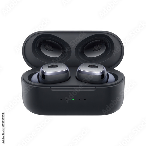 A pair of dark grey wireless earbuds with silver accents resting inside an open dark grey charging case with green indicator lights on a transparent background