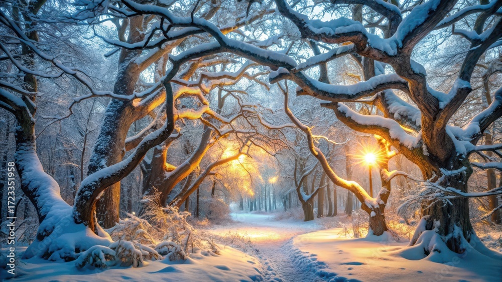 Obraz premium Ancient tree branches illuminated by soft ethereal light in a snow-covered forest