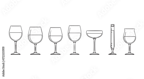 Collection of various wine glasses and a tall glass in silhouette