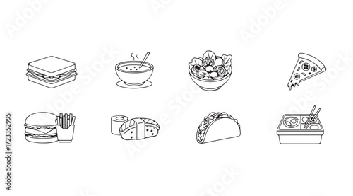 Collection of delicious fast food and meal icons in a clean silhouette style