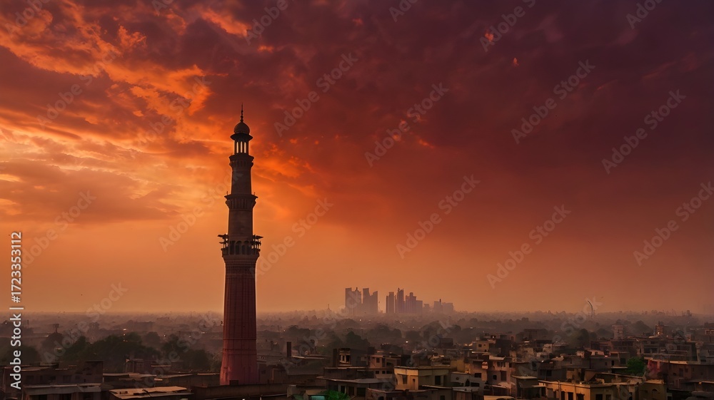 Obraz premium Dramatic Sunset Over Dense Cityscape with Minaret Silhouette