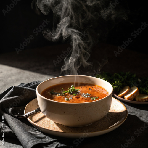 tomato soup with bread in table