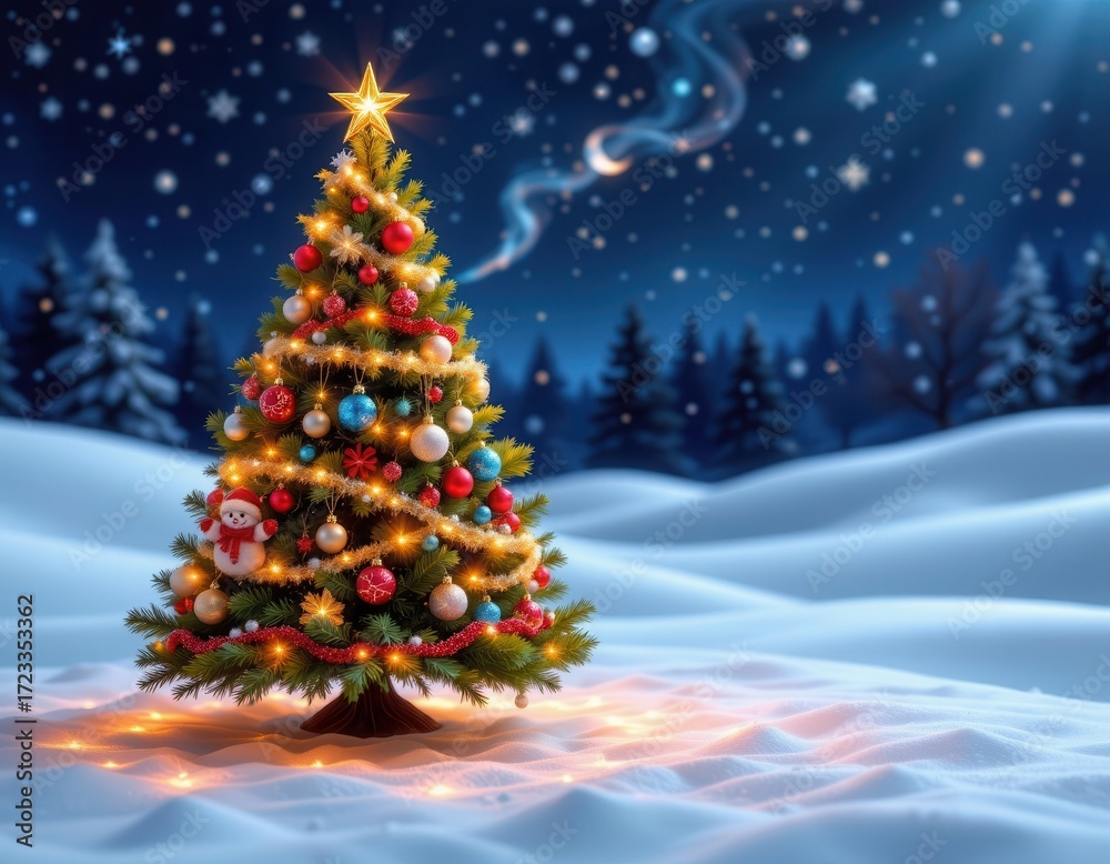 Obraz premium Beautiful Christmas Tree Adorned with Ornaments in Winter Wonderland