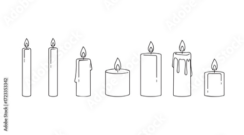 Collection of seven hand drawn burning candles in a simple silhouette style