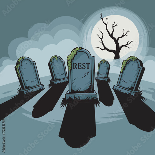 Eerie Graveyard Scene with Tombstones Under Moonlight, Dark Cemetery Landscape Illustration