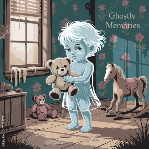 Ghostly Child Holding Teddy Bear in Abandoned Room, Sad Spirit with Toy, Memories