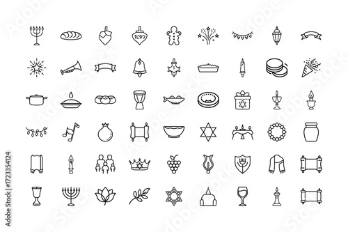 Elegant Hanukkah Line Art Icon Collection – Minimal Jewish Festival Symbols Featuring Menorah, Dreidel, Star of David, Candles, Gelt Coins, Food and Celebration Elements – Vector Outline Design.