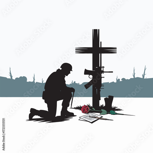 Memorial Scene Soldier Kneeling at Cross with Rifle and Boots Remembrance Day Tribute