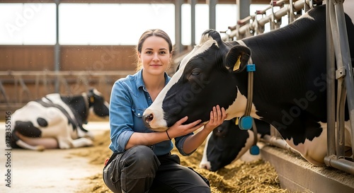 A young woman farmer affectionately petting a Holstein cow in a modern barn