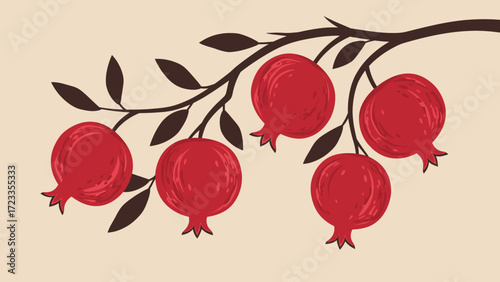 Stylized Pomegranate Branch Illustration with Ripe Red Fruits