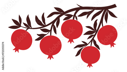 Vibrant Red Pomegranates on Branch with Leaves - Flat Design Illustration