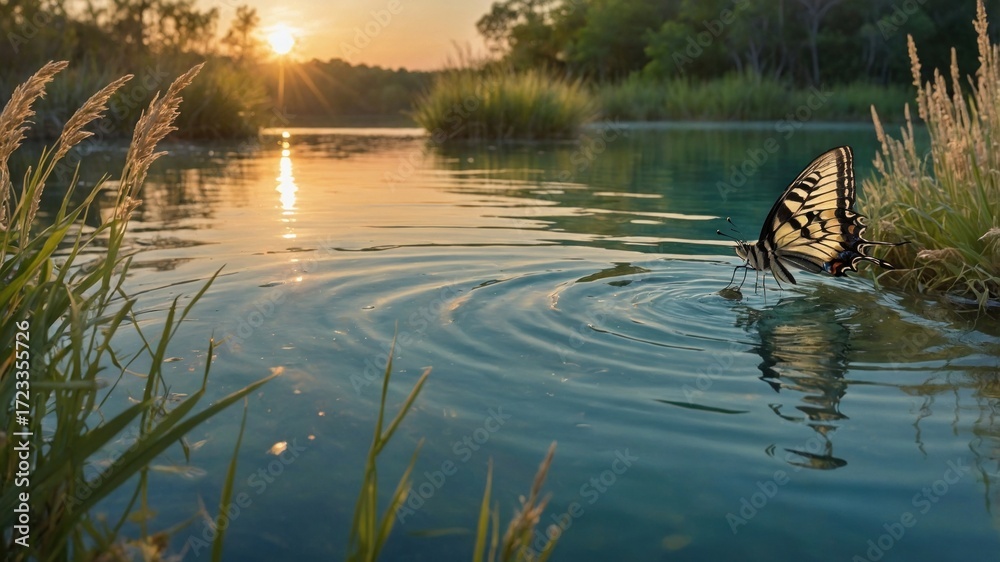 Fototapeta premium Serene sunset over a tranquil lake with a butterfly landing on the water's surface