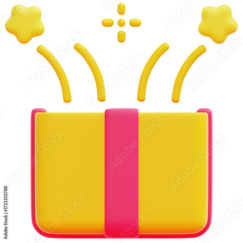 Vibrant 3D rendering of a surprise gift box with a pink ribbon, exploding with festive stars and sparkles, a joyful icon for celebrations