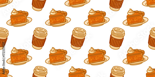 Seamless Pumpkin Pie Coffee Pattern Pumpkin pie slices with cream and takeaway coffee cups in cartoon flat style, seamless pattern for backgrounds, wrapping, and textile design.