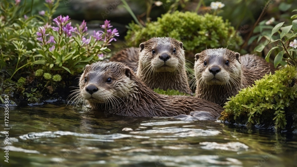 Fototapeta premium Three playful otters emerging from a serene pond surrounded by vibrant flowers and lush greenery