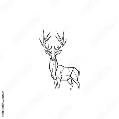 Geometric Line Art of a Standing Deer with Large Antlers on White Background Keywords deer, stag, buck, animal, wildlife_1