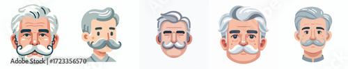 Vector Avatar of an old man's face with gray hair and a thick mustache, light skin, a wise expression