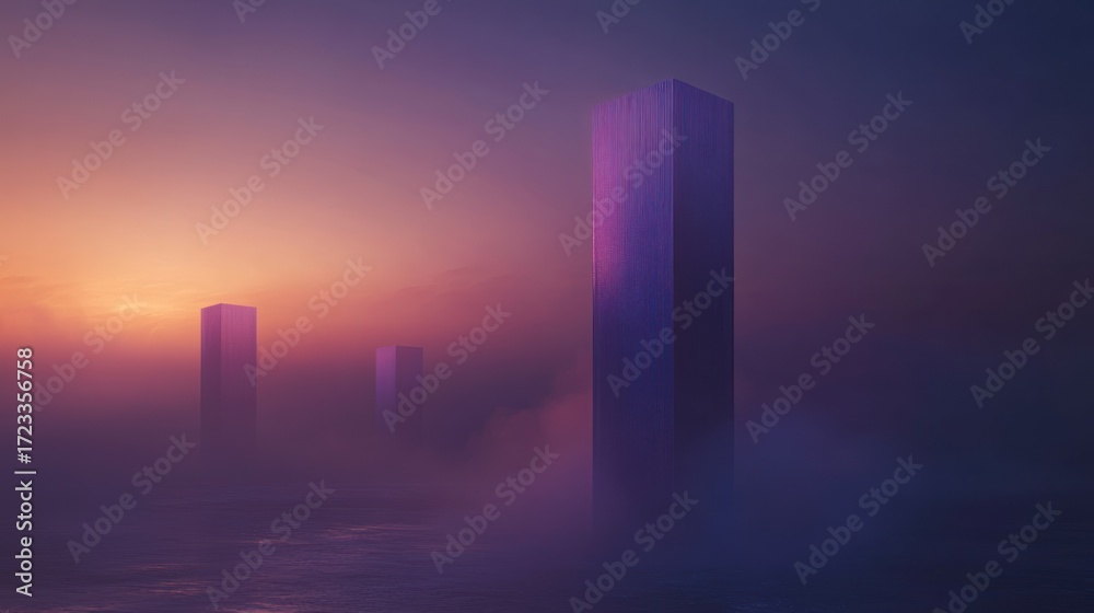 Fototapeta premium Misty sunrise, three tall, light-toned structures, surreal landscape